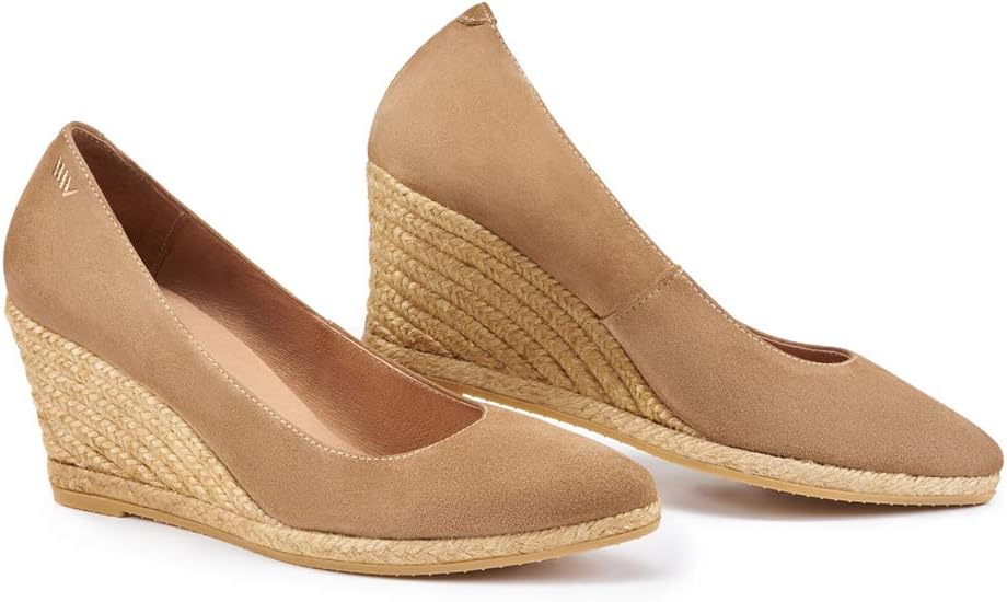 Neutral suede espadrille wedge sandal with natural jute midsole and 2.5-inch heel, shown from the side โ view 5