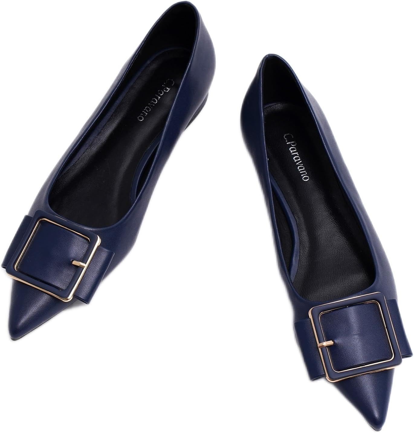 Neutral pointed-toe square buckle ballet flats with slip-on design, displayed on a neutral background — view 5