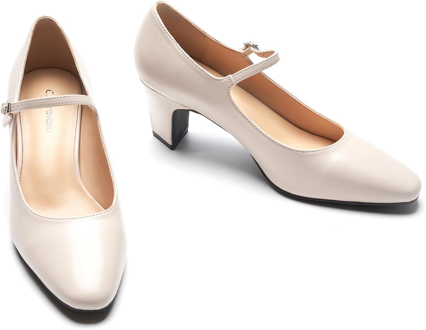 Neutral chunky heel pumps with closed round toe design, featuring a low heel and classic silhouette suitable for work and casual wear — view 5