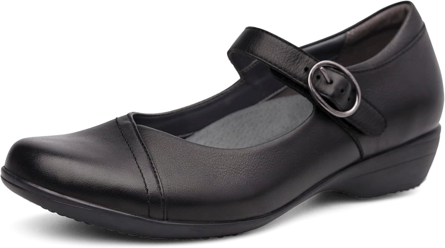 Neutral Mary Jane flat with buckle strap and lightweight rubber outsole, displayed from the side — view 1