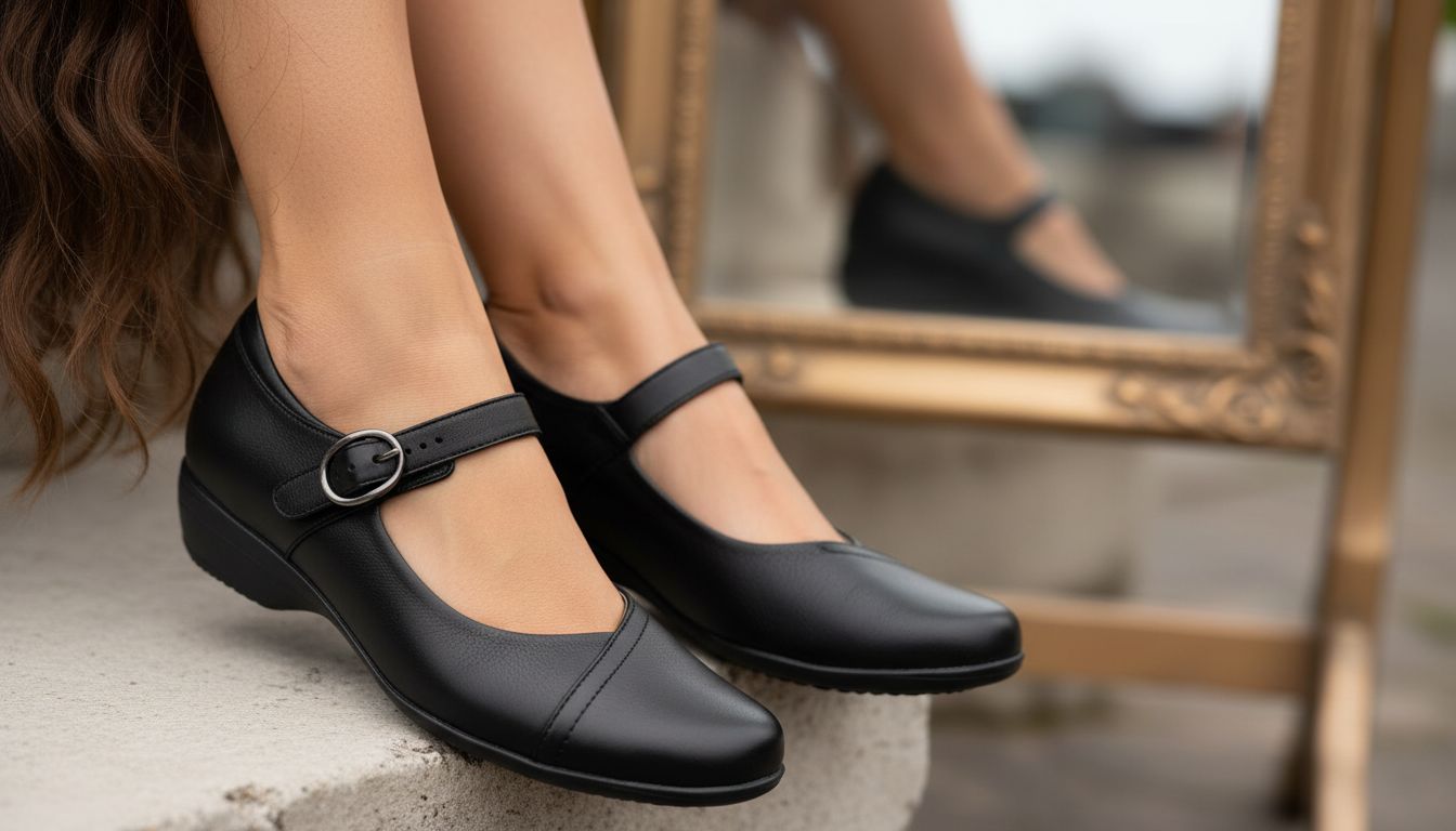 Neutral Mary Jane flat with buckle strap and lightweight rubber outsole, displayed from the side — view 4