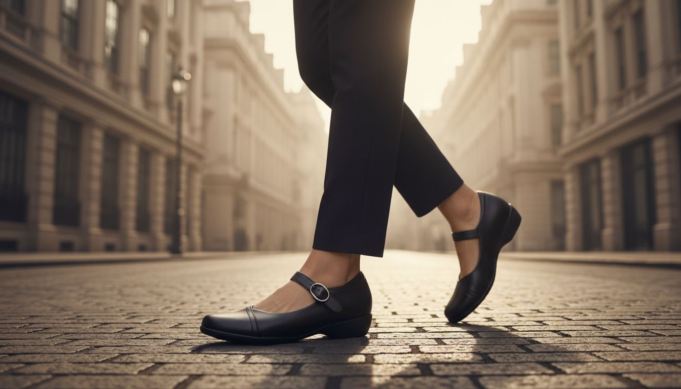 Neutral Mary Jane flat with buckle strap and lightweight rubber outsole, displayed from the side — view 3a