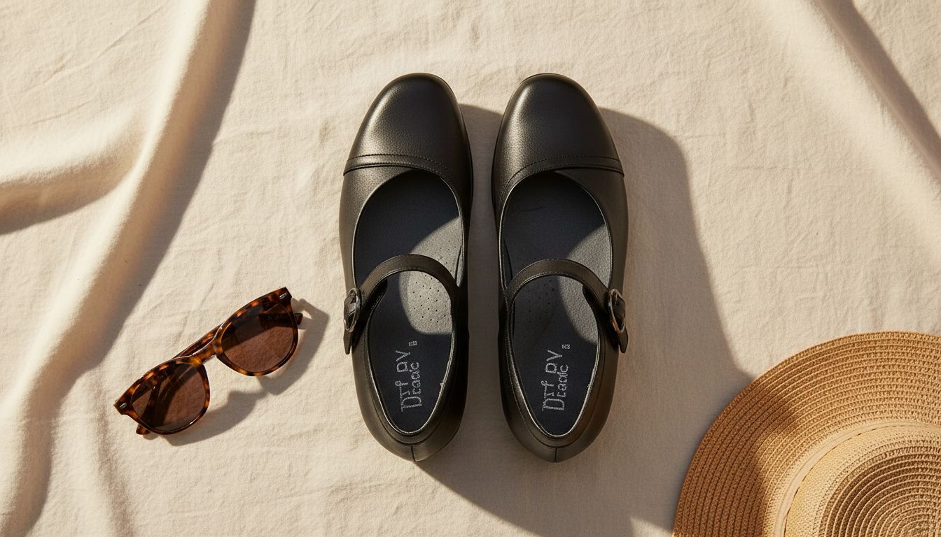 Neutral Mary Jane flat with buckle strap and lightweight rubber outsole, displayed from the side — view 6
