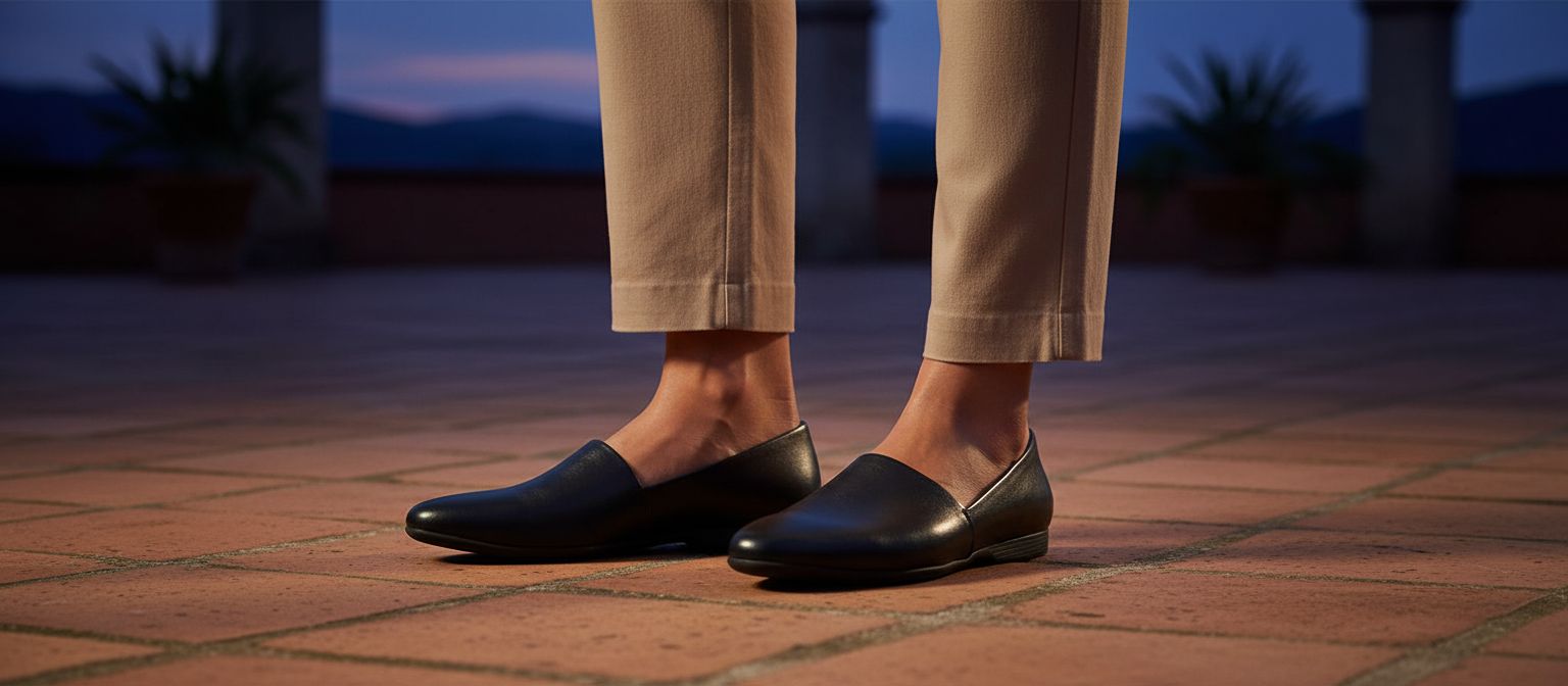Neutral slip-on flat shoes with arch support and lightweight rubber outsole, designed for work and casual wear โ view 1