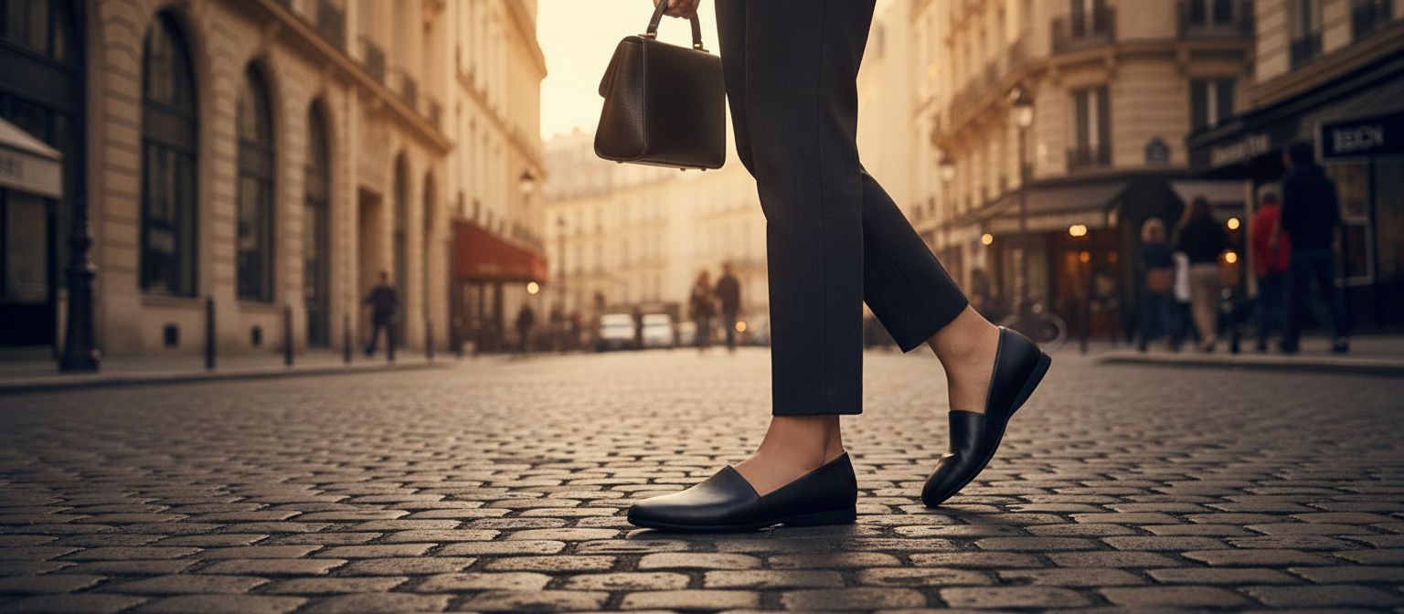 Neutral slip-on flat shoes with arch support and lightweight rubber outsole, designed for work and casual wear โ view 3a