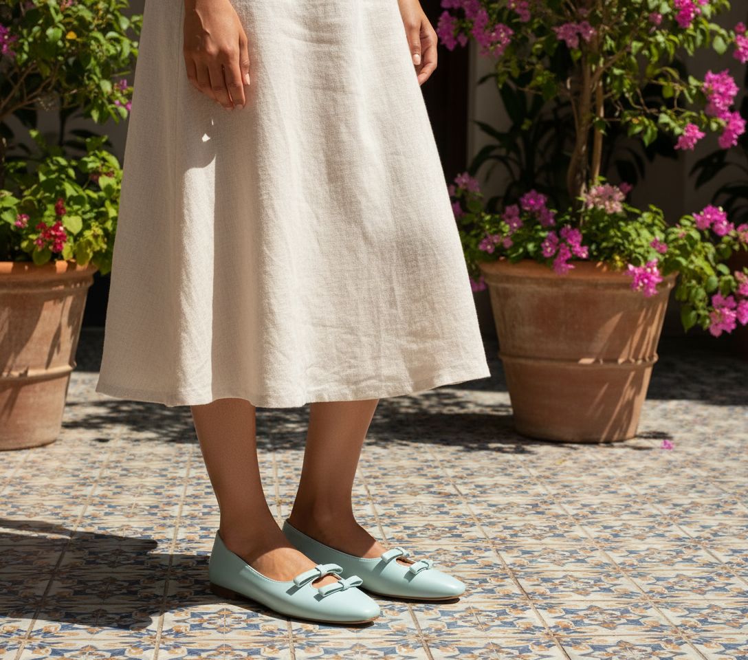 Neutral ballet flats with bowknot detail and round toe, slip-on style for women — view 1