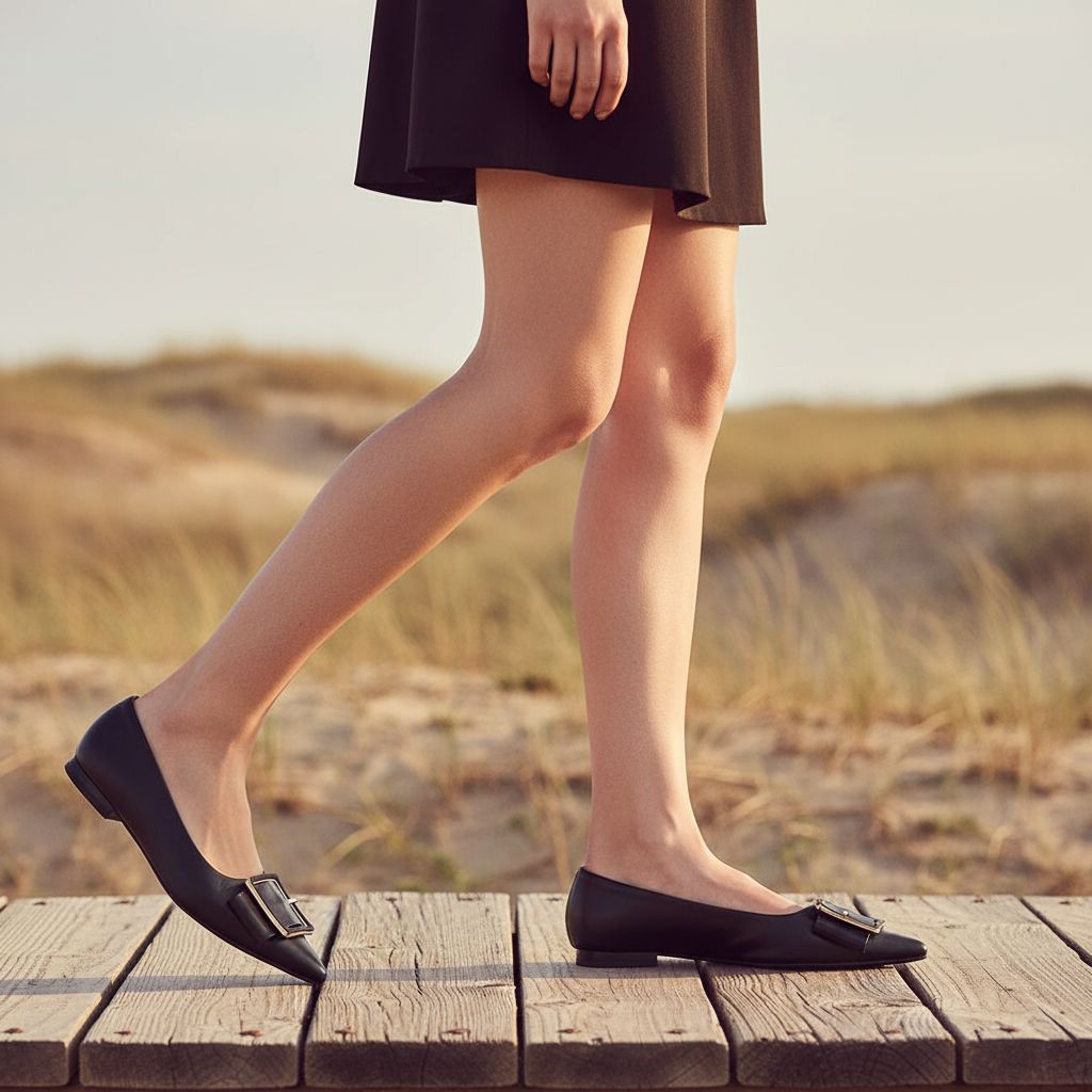 Neutral pointed-toe square buckle ballet flats with slip-on design, displayed on a neutral background — view 3