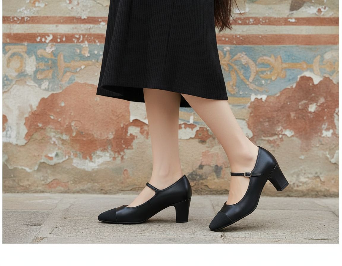 Neutral chunky heel pumps with closed round toe design, featuring a low heel and classic silhouette suitable for work and casual wear — view 3