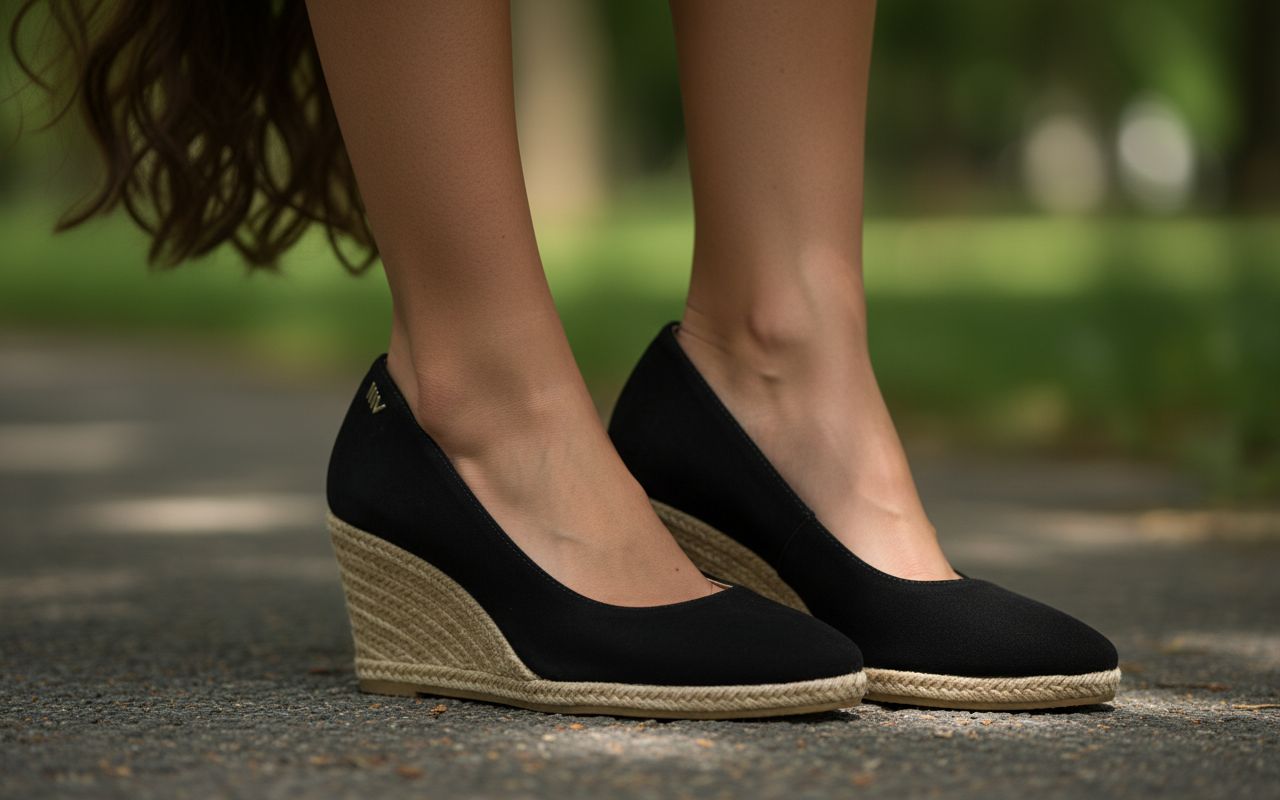 Neutral suede espadrille wedge sandal with natural jute midsole and 2.5-inch heel, shown from the side โ view 4