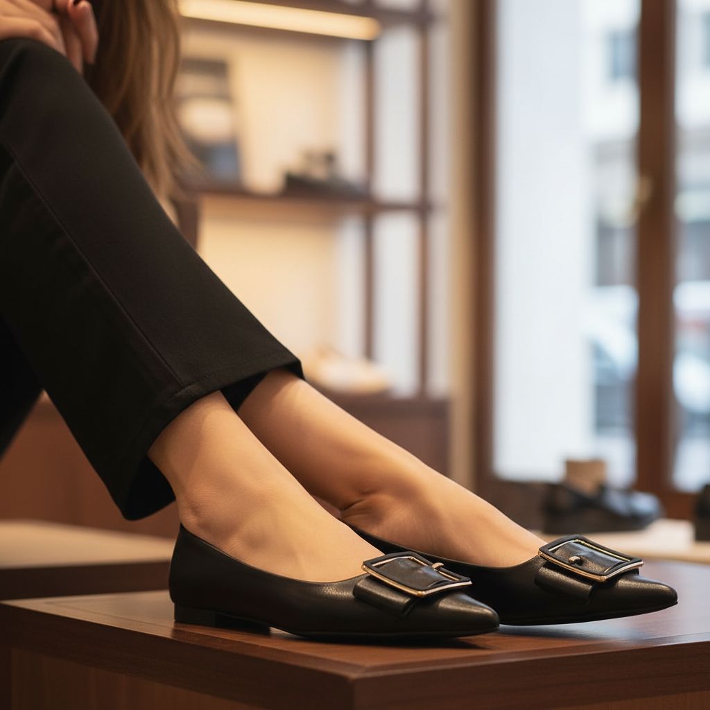 Neutral pointed-toe square buckle ballet flats with slip-on design, displayed on a neutral background — view 4