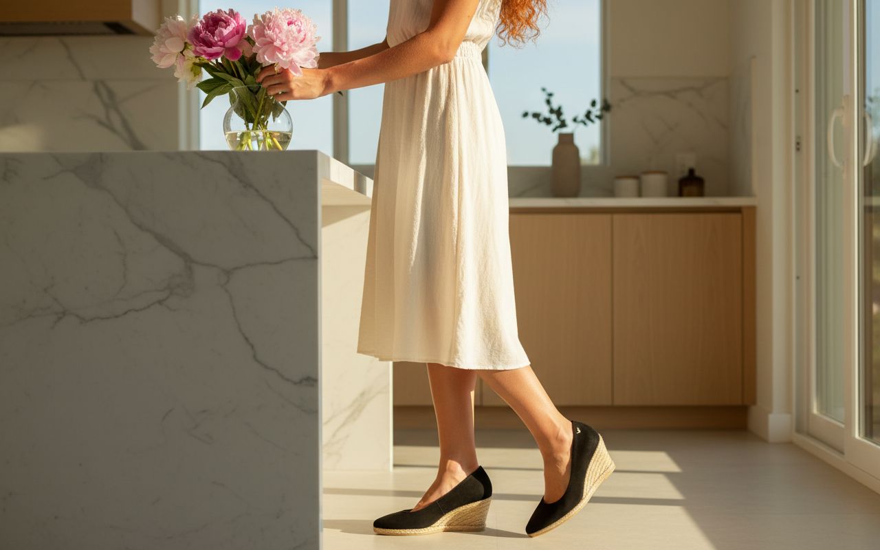 Neutral suede espadrille wedge sandal with natural jute midsole and 2.5-inch heel, shown from the side โ view 2
