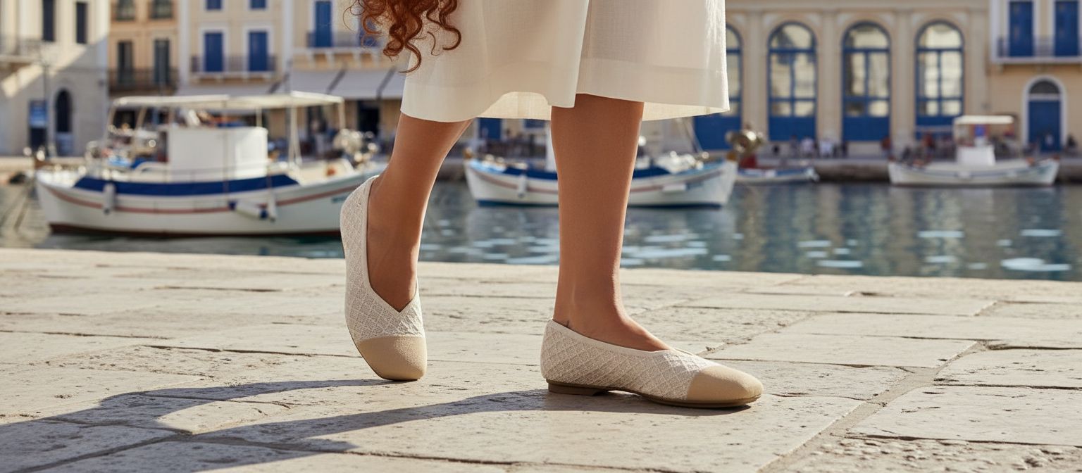 Neutral square-toe ballet flats with V-cut design and minimalist style, displayed on white background — view 3a