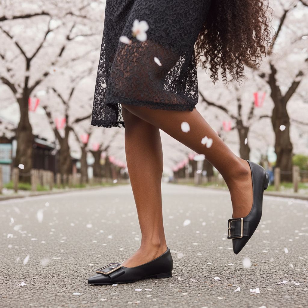 Neutral pointed-toe square buckle ballet flats with slip-on design, displayed on a neutral background — view 3a