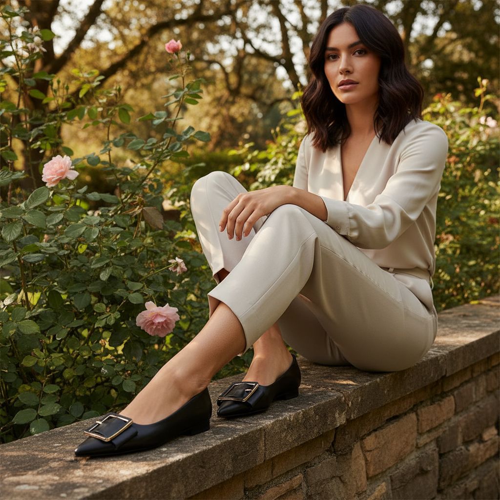 Neutral pointed-toe square buckle ballet flats with slip-on design, displayed on a neutral background — view 4