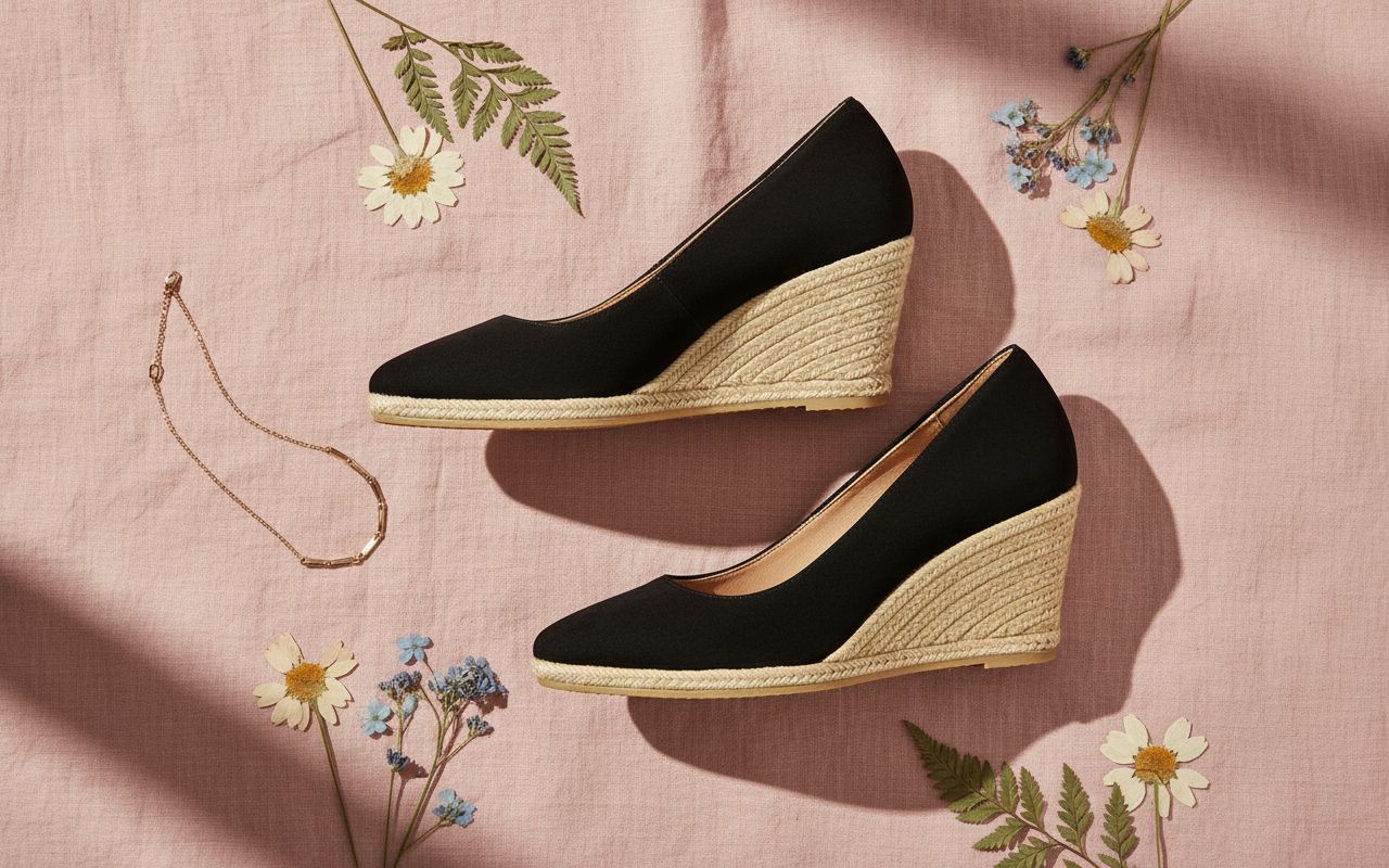 Neutral suede espadrille wedge sandal with natural jute midsole and 2.5-inch heel, shown from the side โ view 6