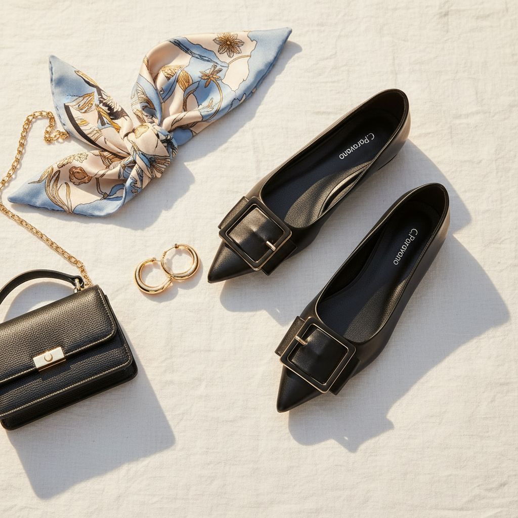 Neutral pointed-toe square buckle ballet flats with slip-on design, displayed on a neutral background — view 6