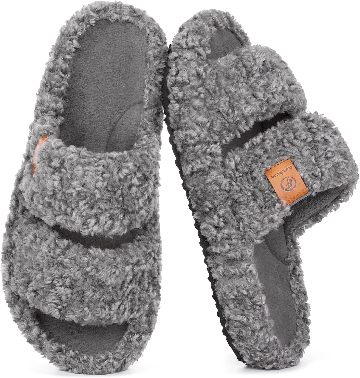 Neutral fuzzy open-toe memory foam slippers with soft cushioned soles for indoor wear — front