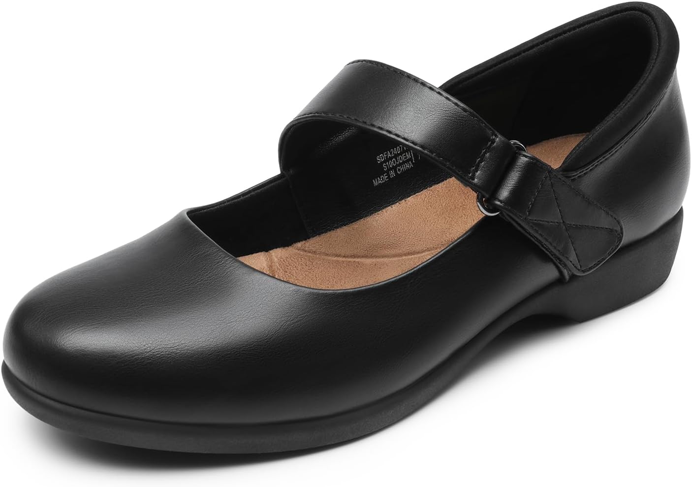 Black Mary Jane ballerina flats with round toe and comfortable fit, shown from the side โ view 1