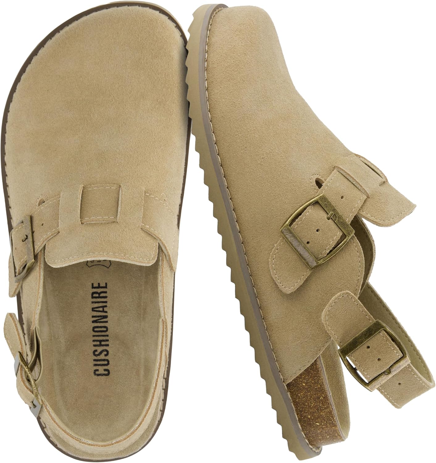 Neutral suede slingback clogs with buckle detail for women, minimalist mule-style flat shoe — front