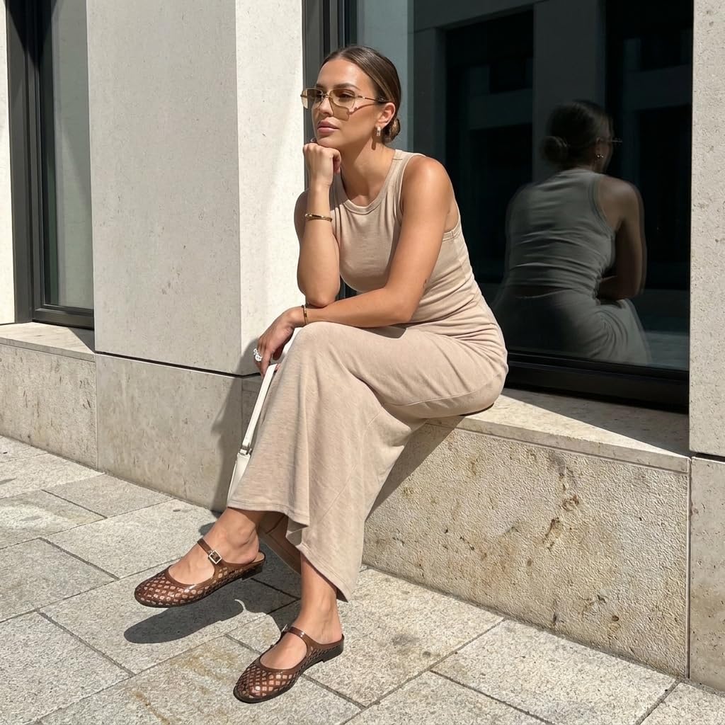 Neutral waterproof jelly Mary Jane flats with adjustable ankle strap and closed toe design โ side