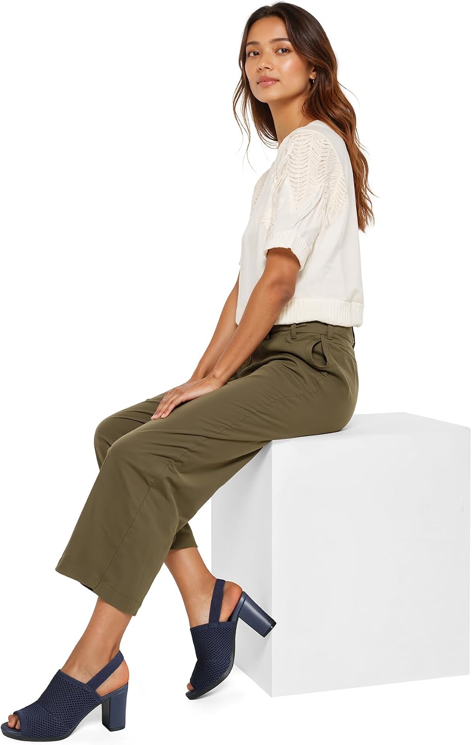 Neutral knit peep toe sandals with elastic slingback and chunky block heel, shown from the side โ side