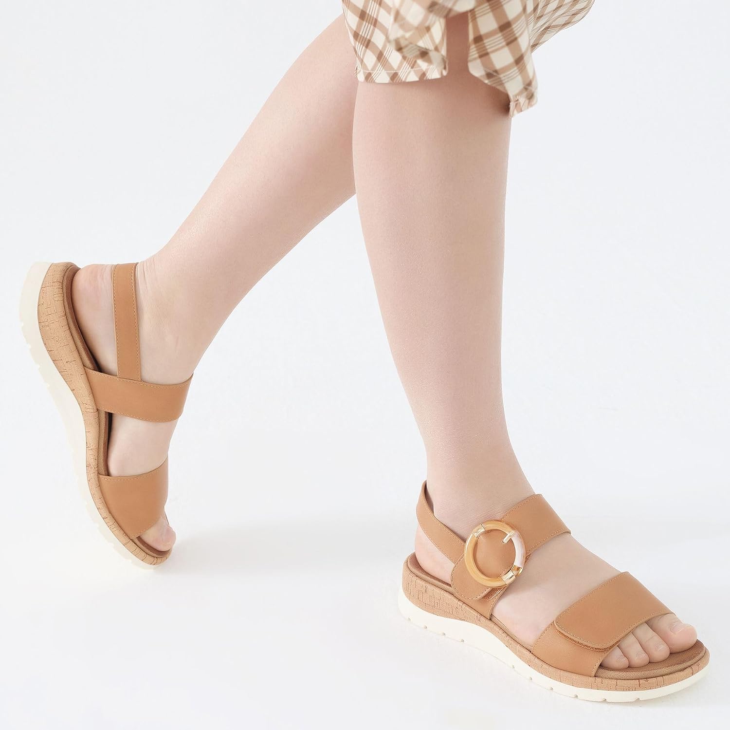 Neutral low wedge walking sandals with arch support, designed for casual wear and travel — side