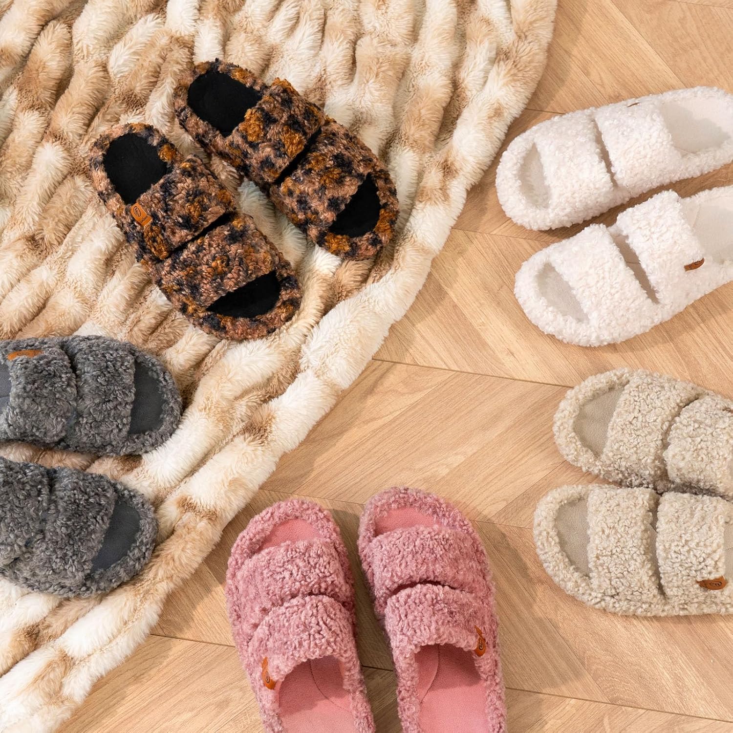 Neutral fuzzy open-toe memory foam slippers with soft cushioned soles for indoor wear — back