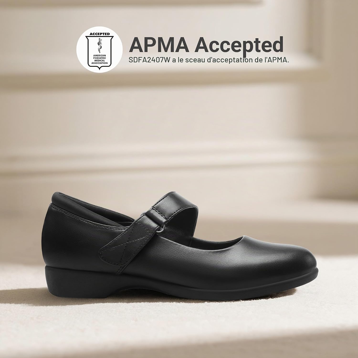Black Mary Jane ballerina flats with round toe and comfortable fit, shown from the side โ view 3