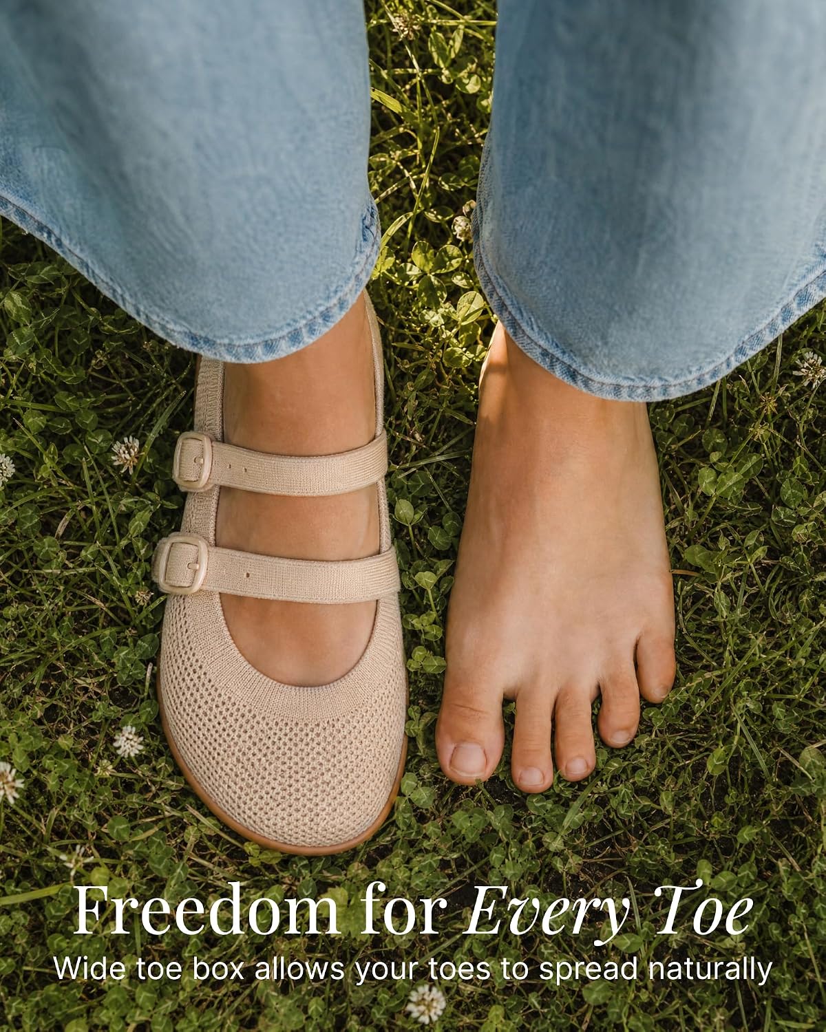 Neutral wide toe box mary jane flat shoes with zero drop sole, shown from the side — back