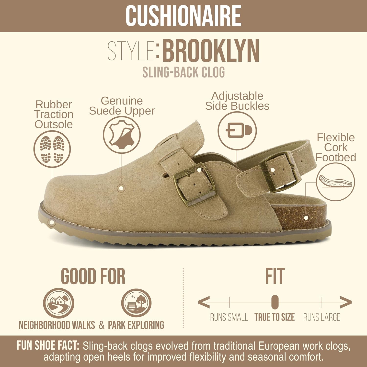Neutral suede slingback clogs with buckle detail for women, minimalist mule-style flat shoe — back