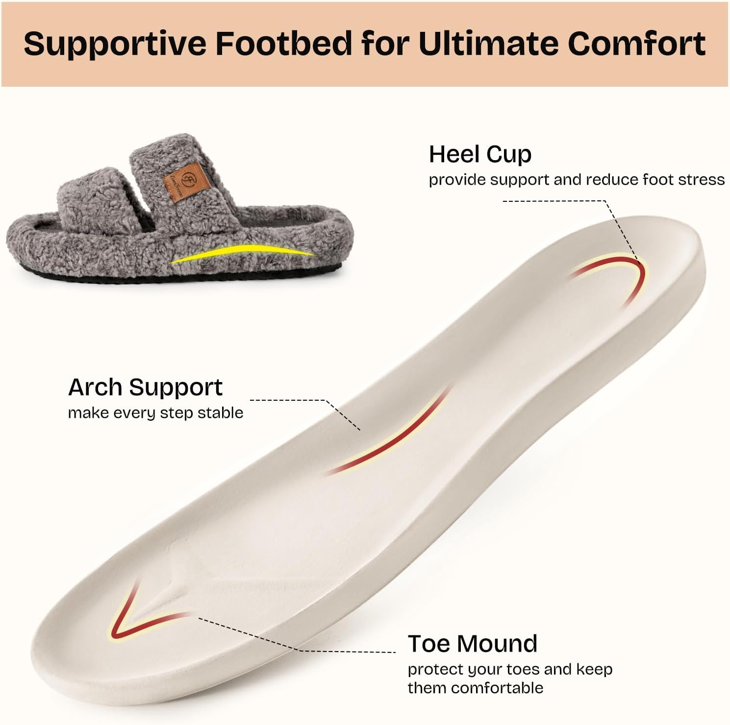Neutral fuzzy open-toe memory foam slippers with soft cushioned soles for indoor wear — detail