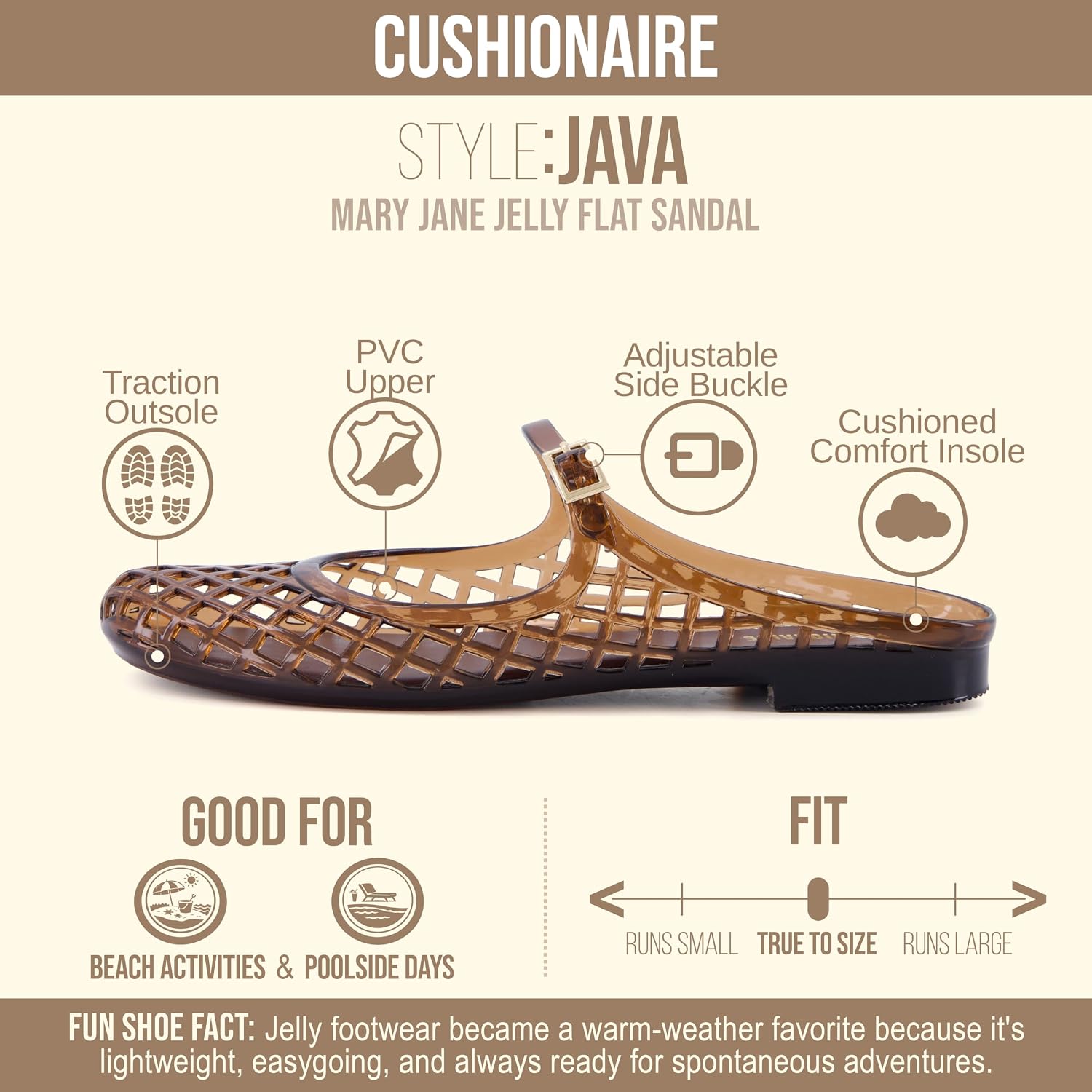 Neutral waterproof jelly Mary Jane flats with adjustable ankle strap and closed toe design โ detail