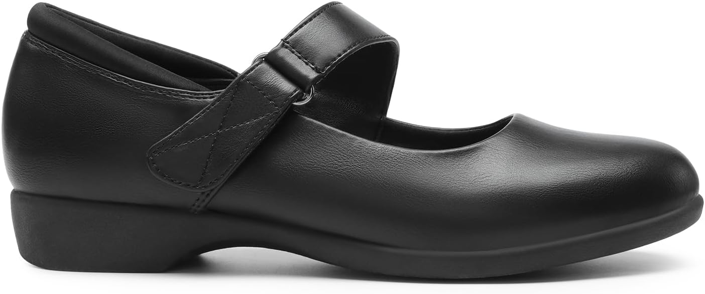 Black Mary Jane ballerina flats with round toe and comfortable fit, shown from the side โ view 4
