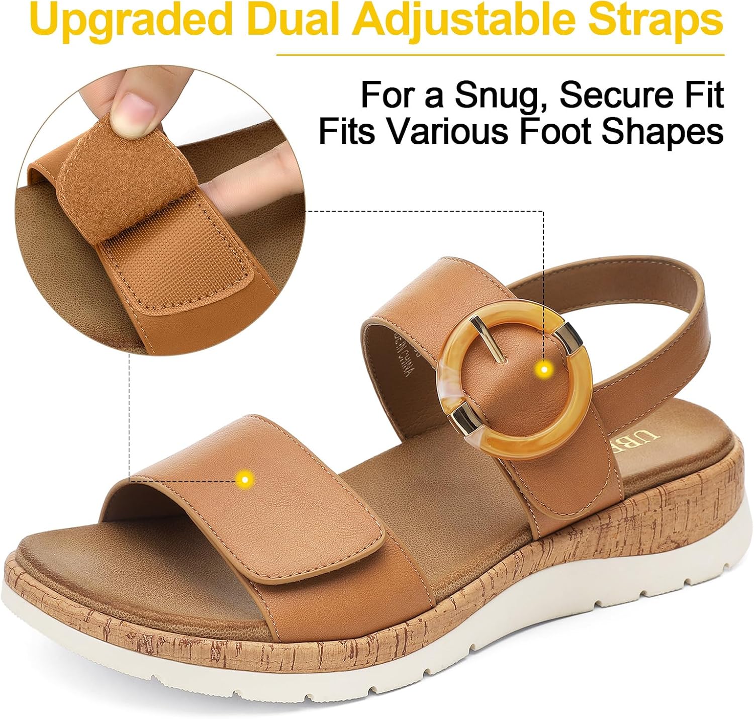 Neutral low wedge walking sandals with arch support, designed for casual wear and travel — detail