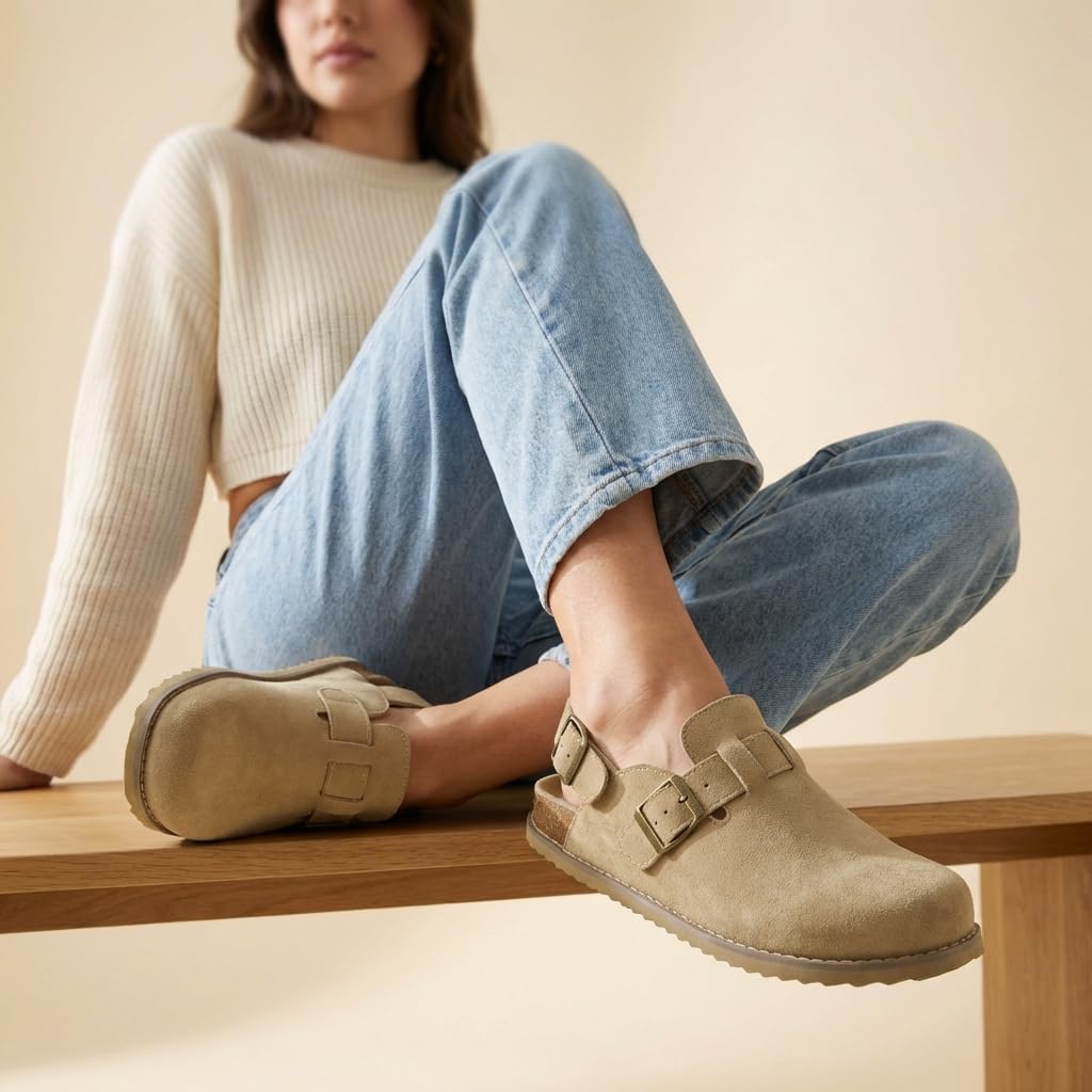 Neutral suede slingback clogs with buckle detail for women, minimalist mule-style flat shoe — detail