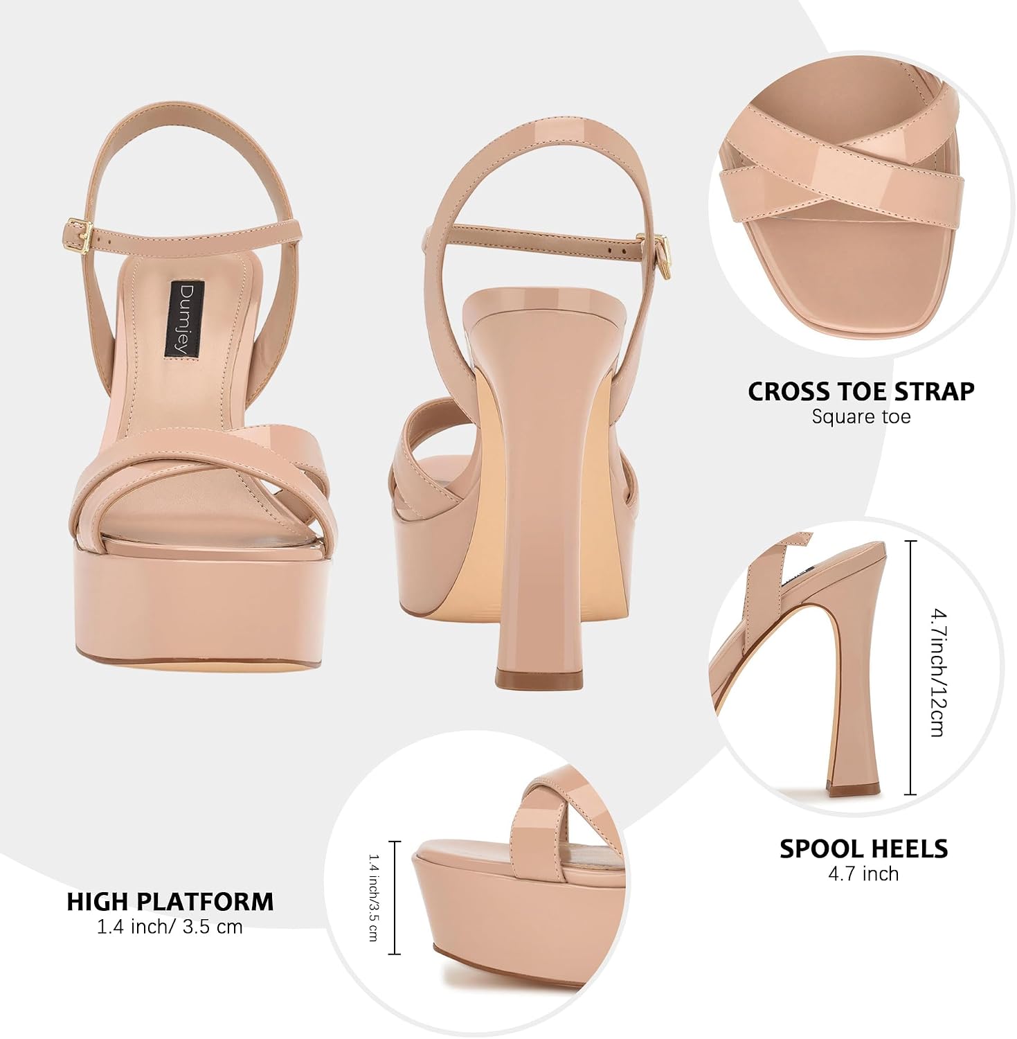 Neutral chunky platform heels with ankle strap, featuring a thick heel and supportive straps for date night or party wear — view 2