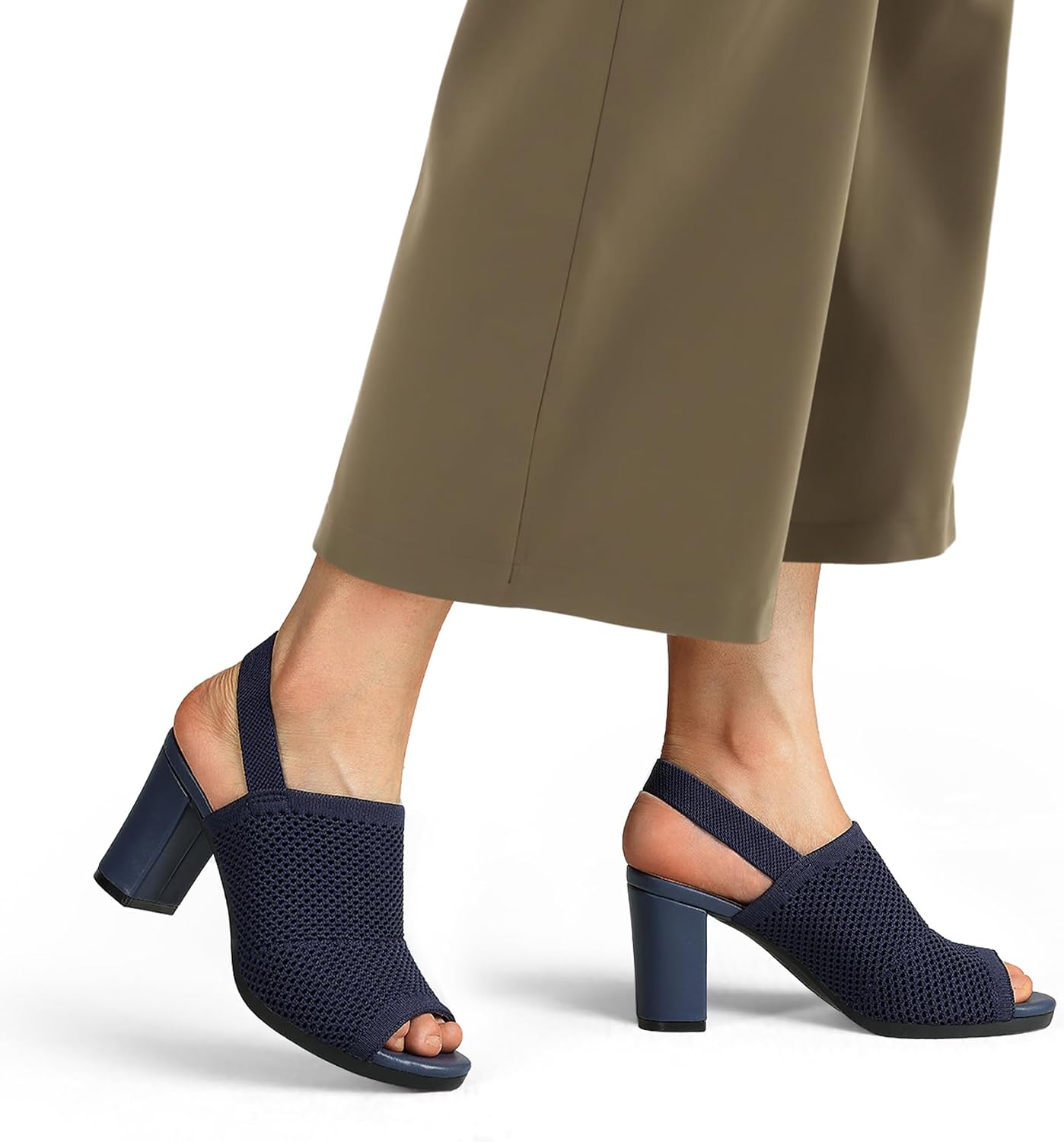 Neutral knit peep toe sandals with elastic slingback and chunky block heel, shown from the side — view 2