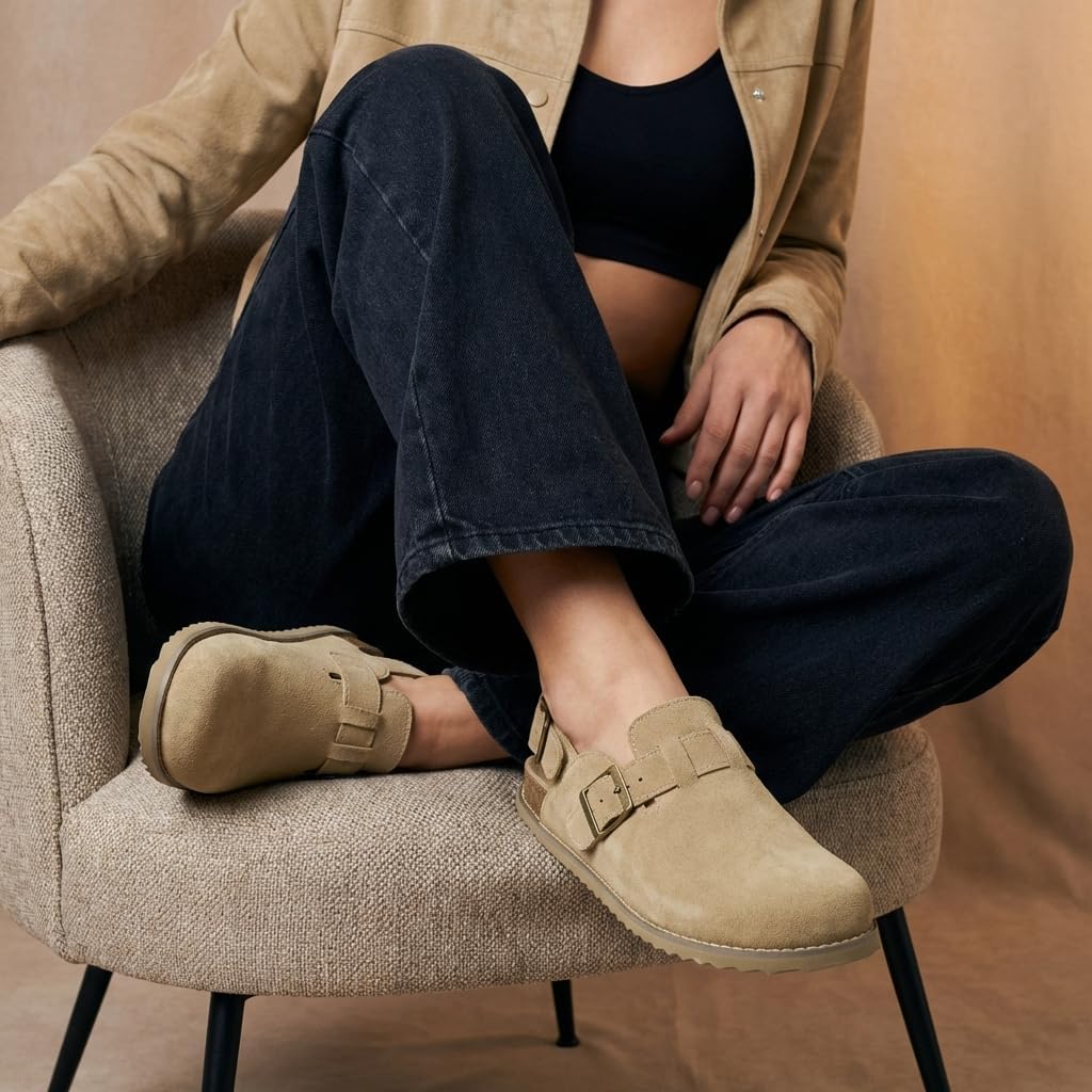 Neutral suede slingback clogs with buckle detail for women, minimalist mule-style flat shoe — view 2