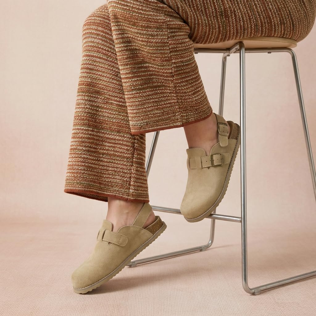 Neutral suede slingback clogs with buckle detail for women, minimalist mule-style flat shoe — view 3