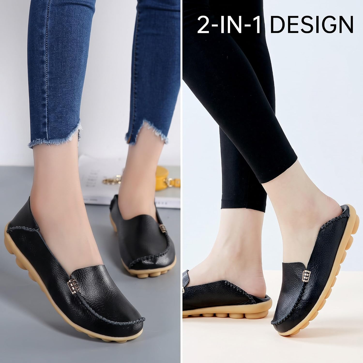 Pair of neutral minimalist slip-on loafers with cushioned insoles, shown from above on a white background — view 3