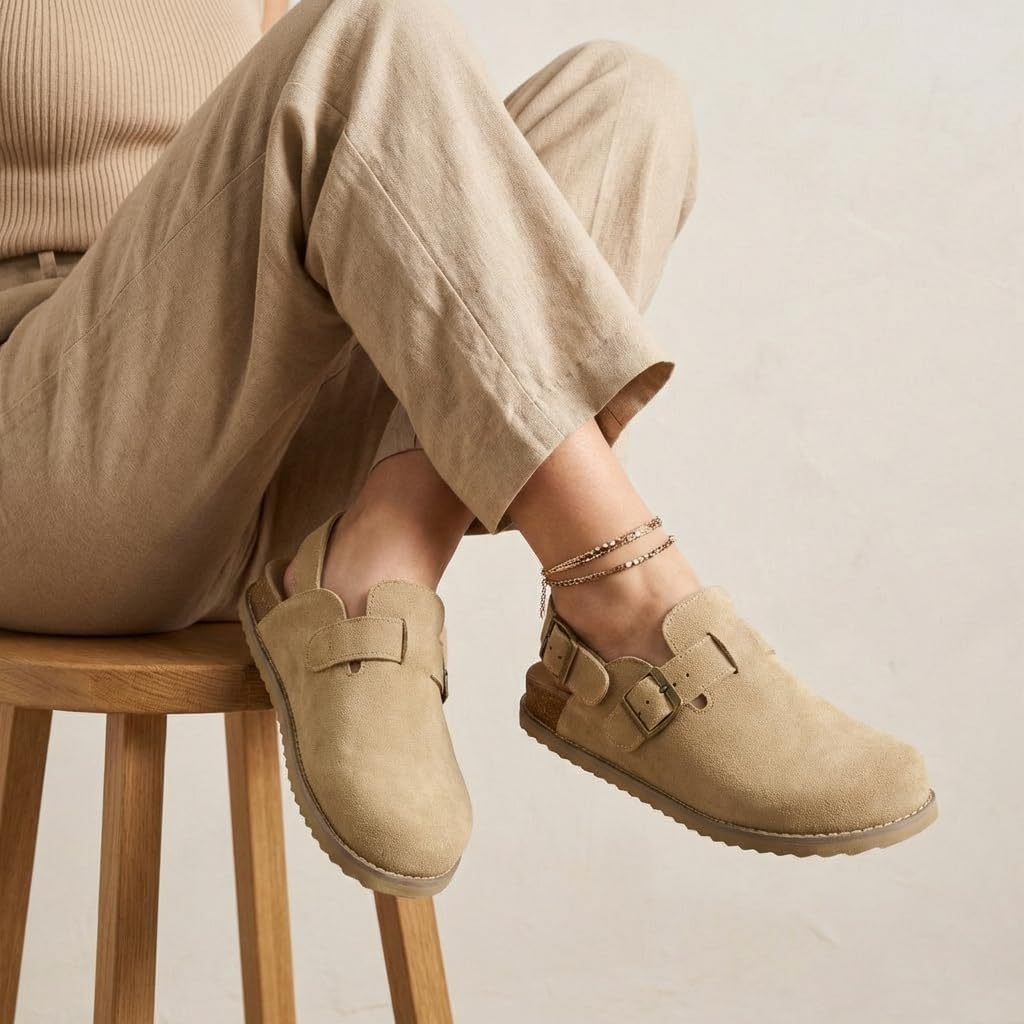 Neutral suede slingback clogs with buckle detail for women, minimalist mule-style flat shoe — view 4