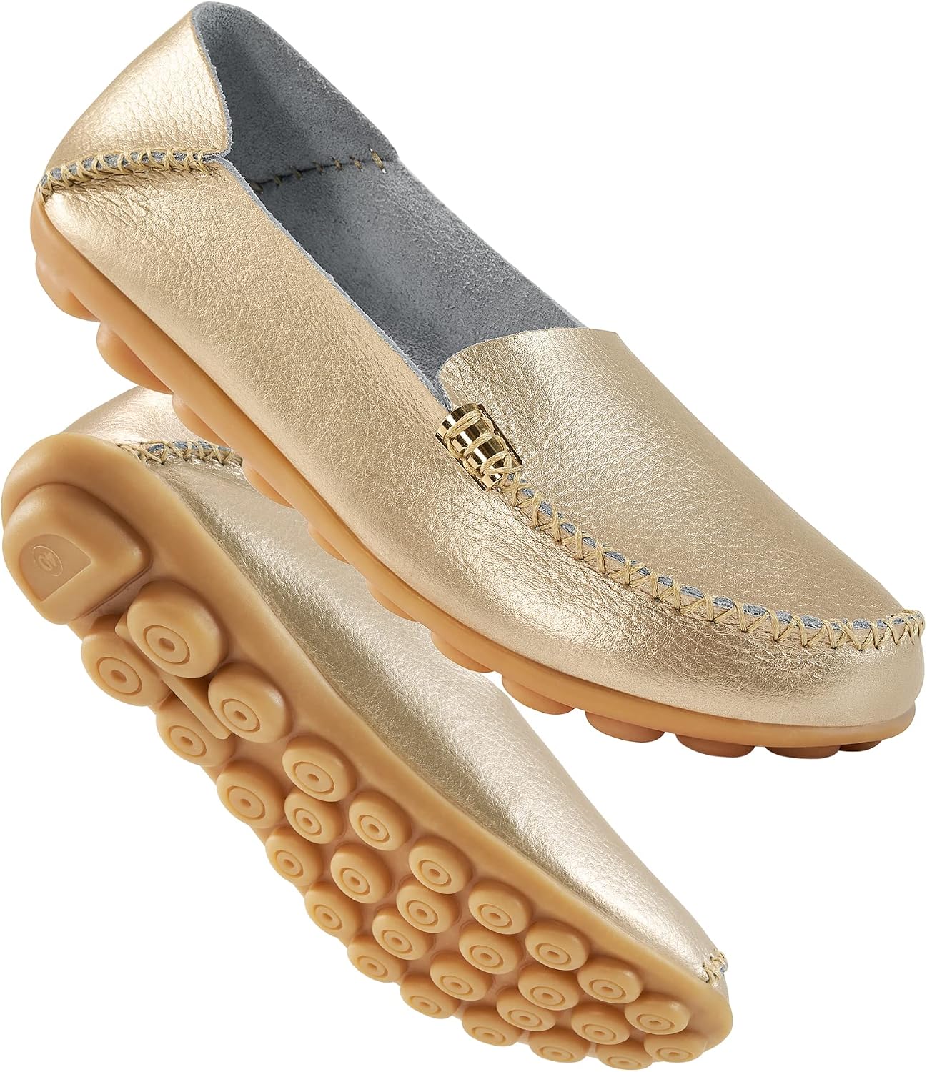 Pair of neutral minimalist slip-on loafers with cushioned insoles, shown from above on a white background — view 4