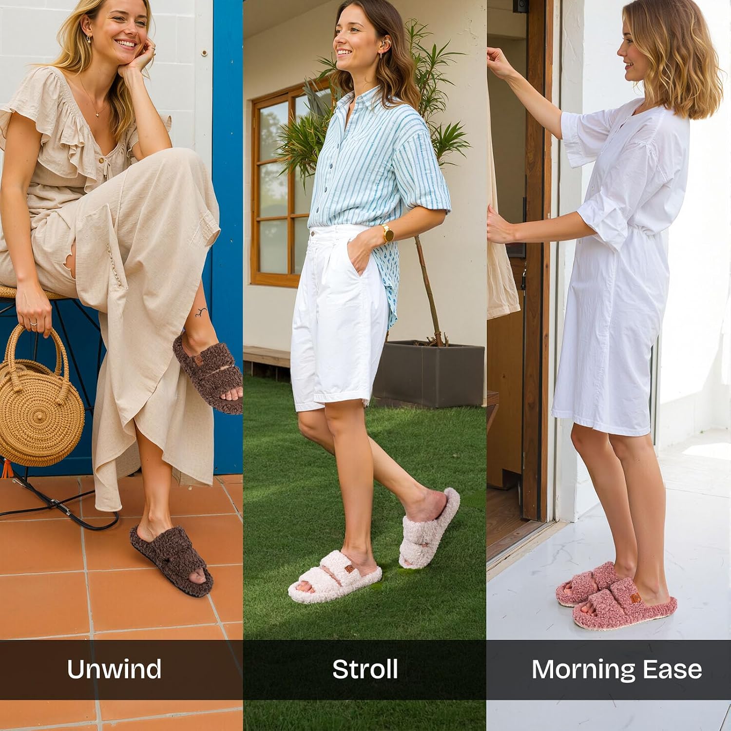 Neutral fuzzy open-toe memory foam slippers with soft cushioned soles for indoor wear — view 5