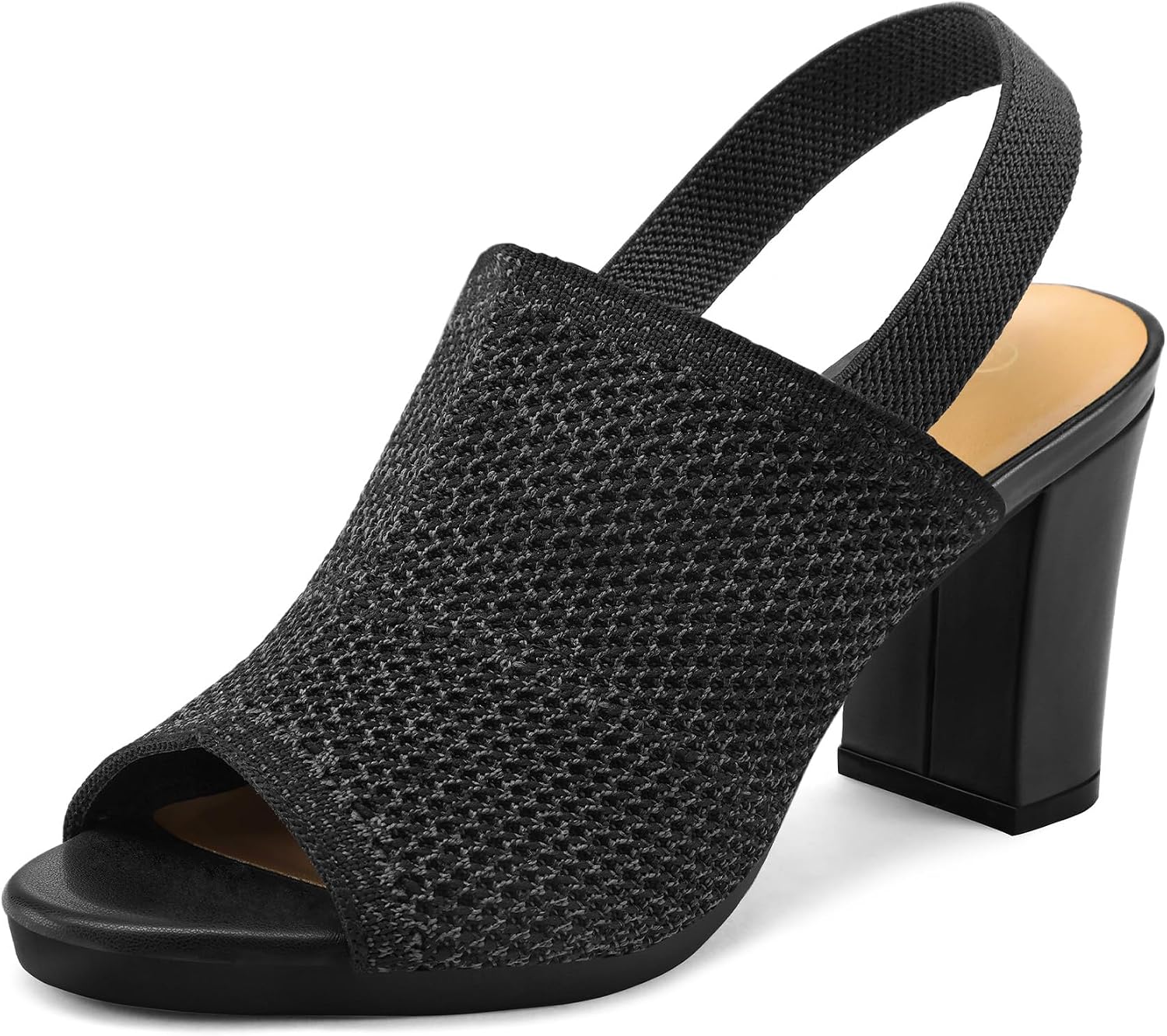 Neutral knit peep toe sandals with elastic slingback and chunky block heel, shown from the side — view 5