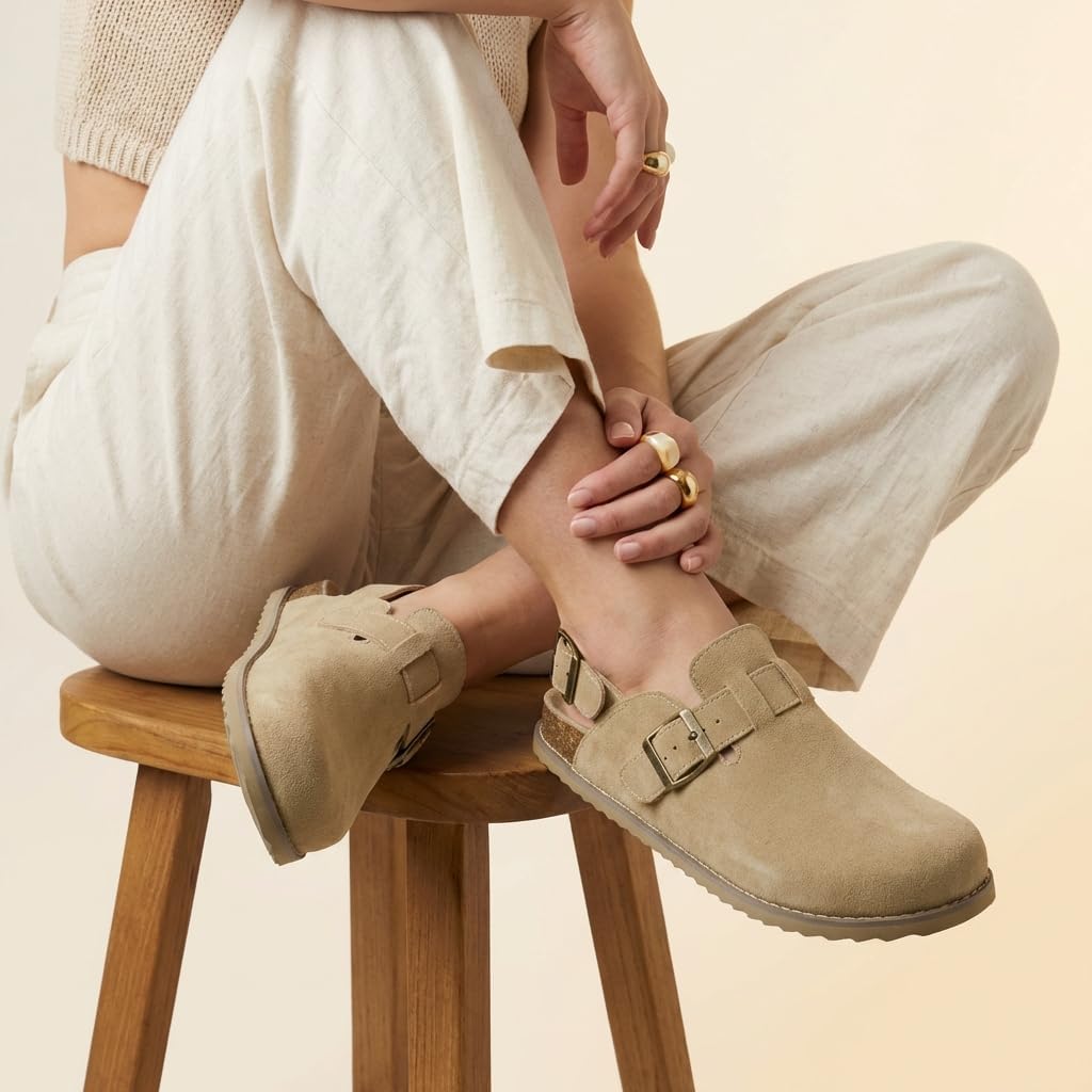 Neutral suede slingback clogs with buckle detail for women, minimalist mule-style flat shoe — view 5