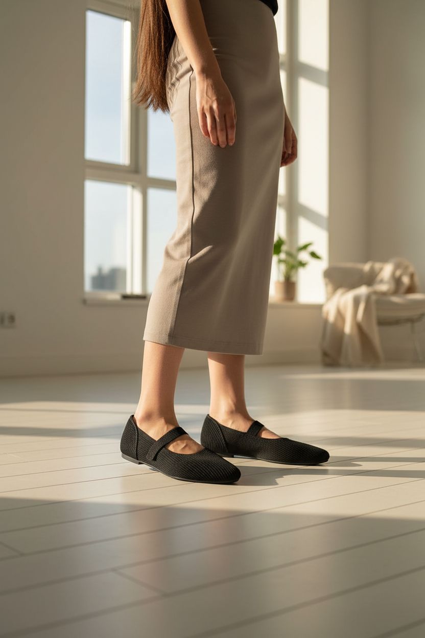 Neutral pointed-toe Mary Jane flats with classic silhouette, displayed on white background โ view 1