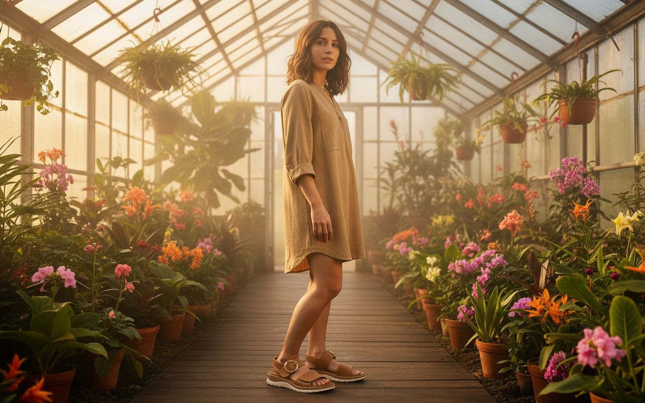 Neutral low wedge walking sandals with arch support, designed for casual wear and travel — view 1