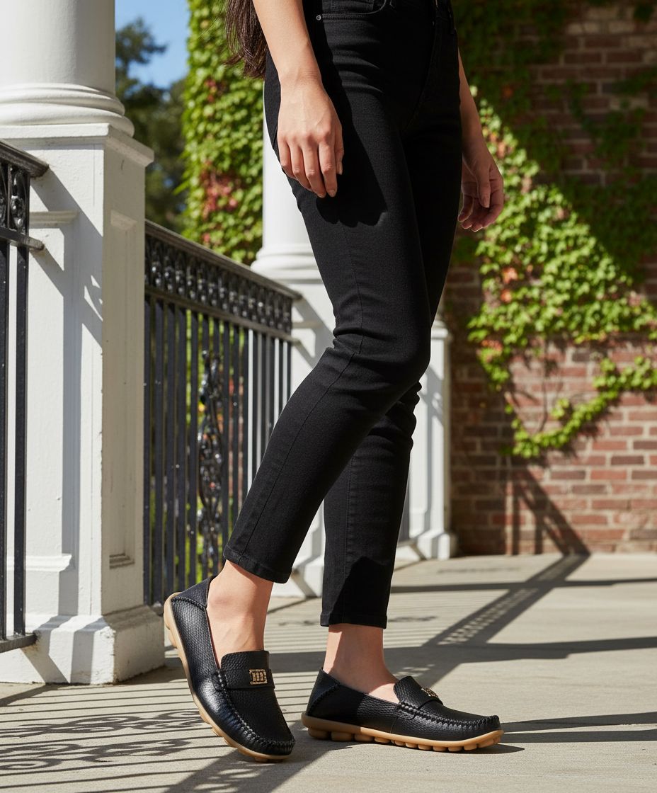 Pair of neutral minimalist slip-on loafers with cushioned insoles, shown from above on a white background โ view 1