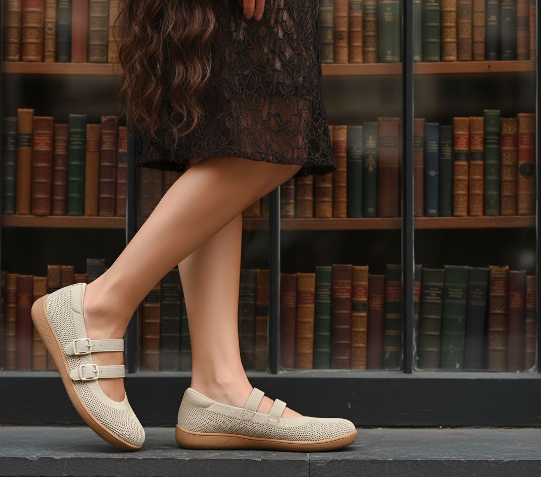 Neutral wide toe box mary jane flat shoes with zero drop sole, shown from the side — view 3