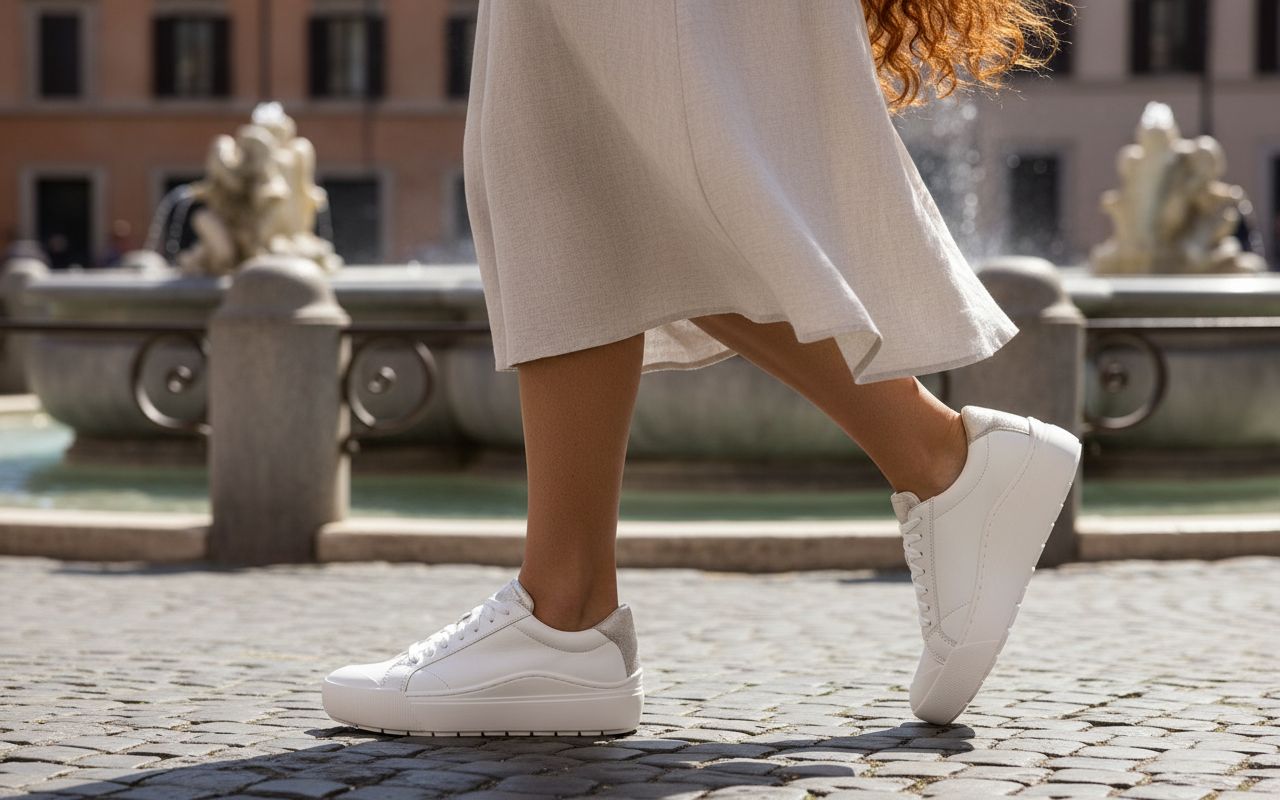Pair of minimalist white sneakers with neutral tone, designed for casual wear and travel — view 3